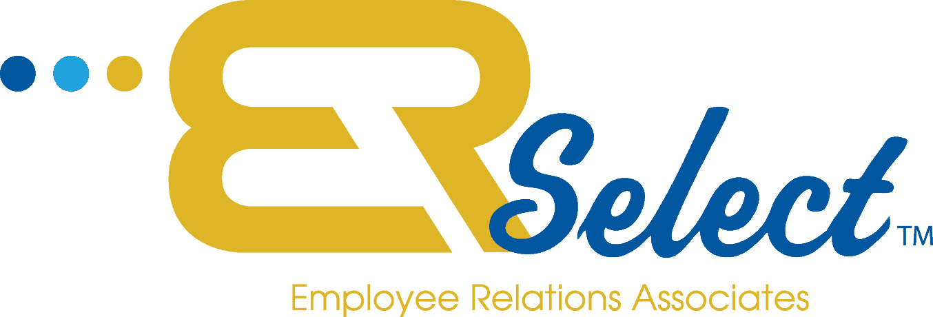 Logo of "select employee relations associates" featuring a stylized 'e' in blue and gold color scheme.